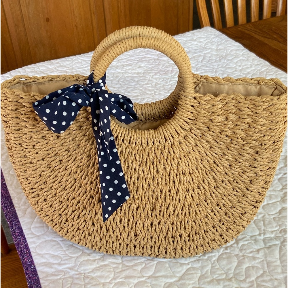 Straw bag -Polka dot navy scarf can be wrapped around 1 handle, bow or plain!